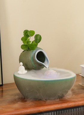 招财流水循环水雾化陶瓷陶罐古法山水造景桌面客厅玄关装饰品