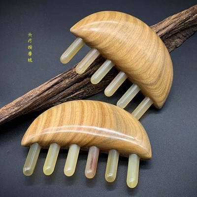 绿檀木梳羊角六齿梳头疗梳子防静电家用宽齿经络梳子全身通用梳子