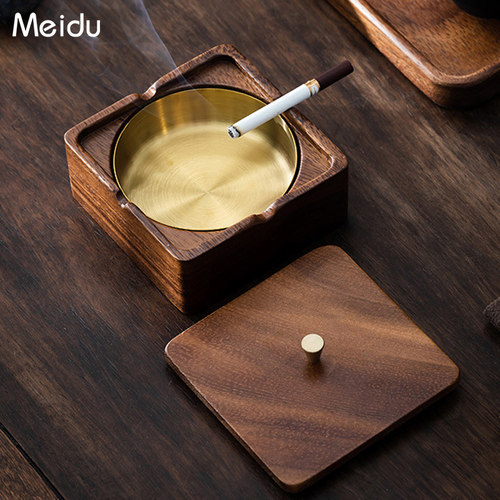 实木烟灰缸带盖家用客厅办公室创意高级感锈钢防飞灰复古灭烟缸