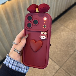酒红爱心女孩蝴蝶结适用苹果17Pro手机壳iPhone16max小米15华为mate80pura70k60opporeno14荣耀400x200note13
