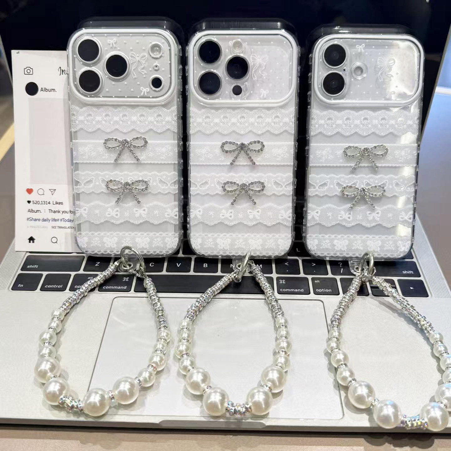韩系甜美蝴蝶结珠链适用苹果18pro手机壳iPhone17max15小米18华为mate80pura80K90nova16荣耀500x300magic7