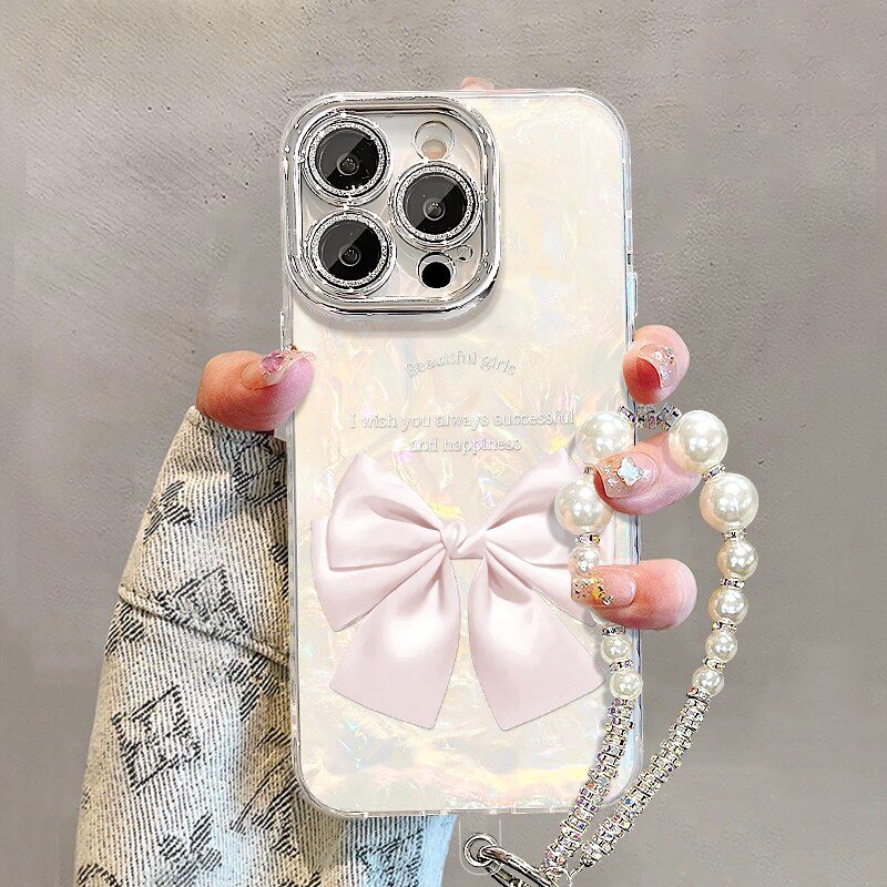 粉蝴蝶结手链贝壳纹新款适用苹果17Pro手机壳iPhone16max小米15华为mate80pura70k90nova14荣耀500x300findx8
