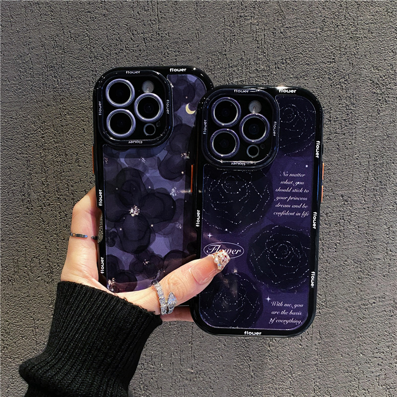 晕染黑色山茶花新款适用苹果16Promax手机壳iPhone14pro小米15华为mate60p70荣耀x100k50Reno13nova12vivos19