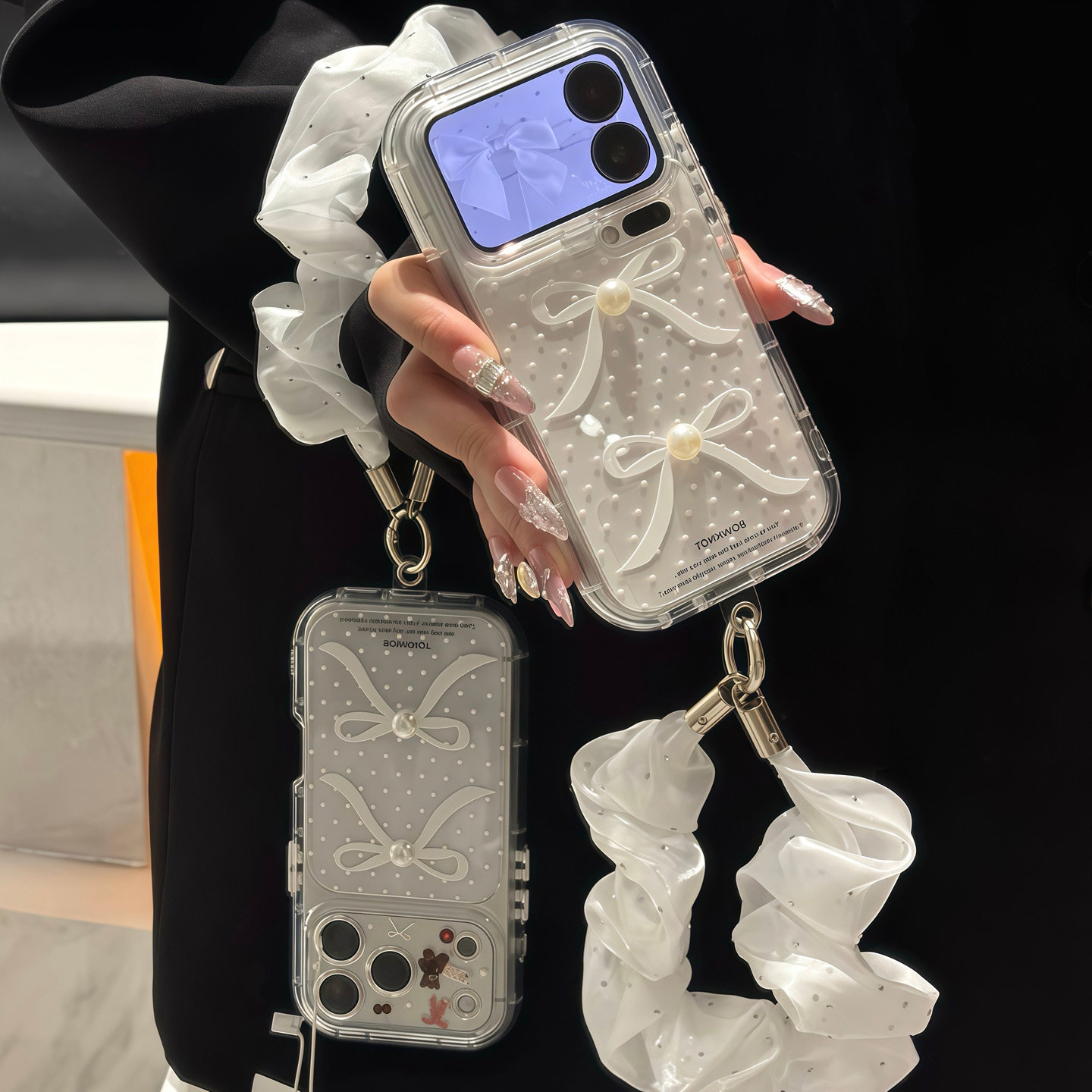 韩系珍珠蝴蝶结蕾丝挂绳用苹果18pro手机壳iPhone16max16小米17华为mate80pura70K90nova15荣耀500x300findx9