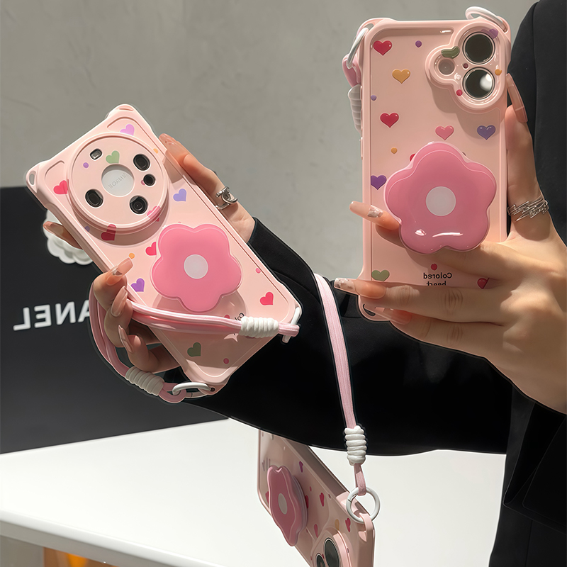 ins粉爱心花朵支架挂绳适用苹果16Pro手机壳iPhone15max小米14华为mate70p60opporeno12k80note13荣耀200nova