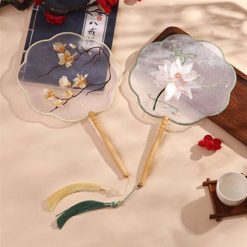 半透明古风刺绣花长柄团扇荷花圆形扇子玉兰八瓣汉服舞蹈道具百搭