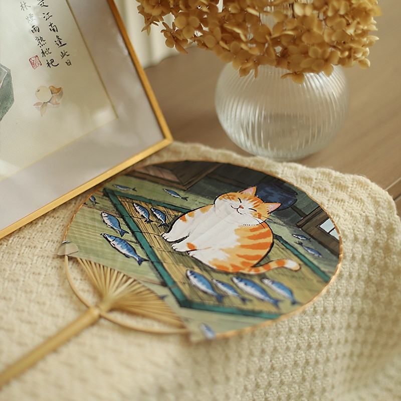 手工猫咪汉服中式国风纸面宫廷古风竹方形长柄面茶扇团扇子定制