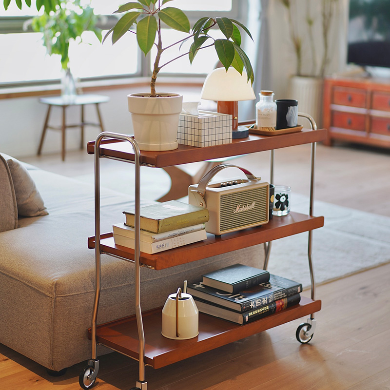 中古实木移动边几沙发角几带轮不锈钢小推车餐边零食收纳储物花架
