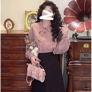 温敏er复古港风粉色长袖衬衫女早秋季衬衣宽松显瘦设计感气质上衣