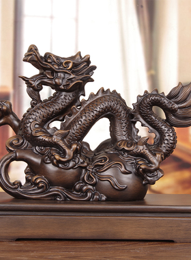 实木招财龙摆件客厅酒柜办公室桌吉祥龙雕塑生肖龙开业手工艺礼品