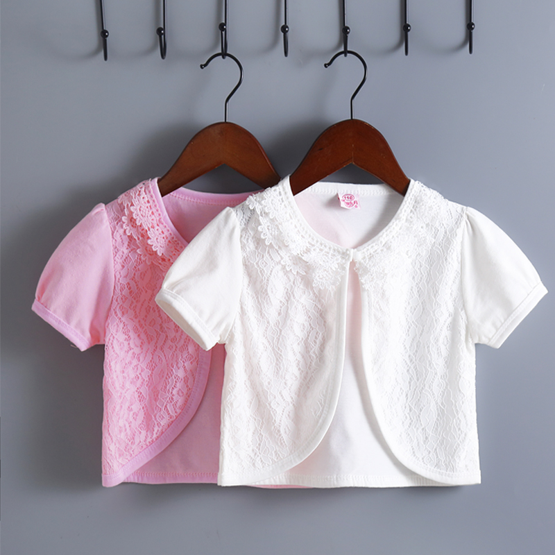 女宝宝针织外套薄款开衫儿童纯棉短袖女孩蕾丝夏裙子外搭披肩薄款