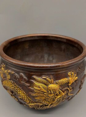 仿古纯铜鎏金双龙戏珠招财缸铜器工艺品家居办公室装饰礼品摆件