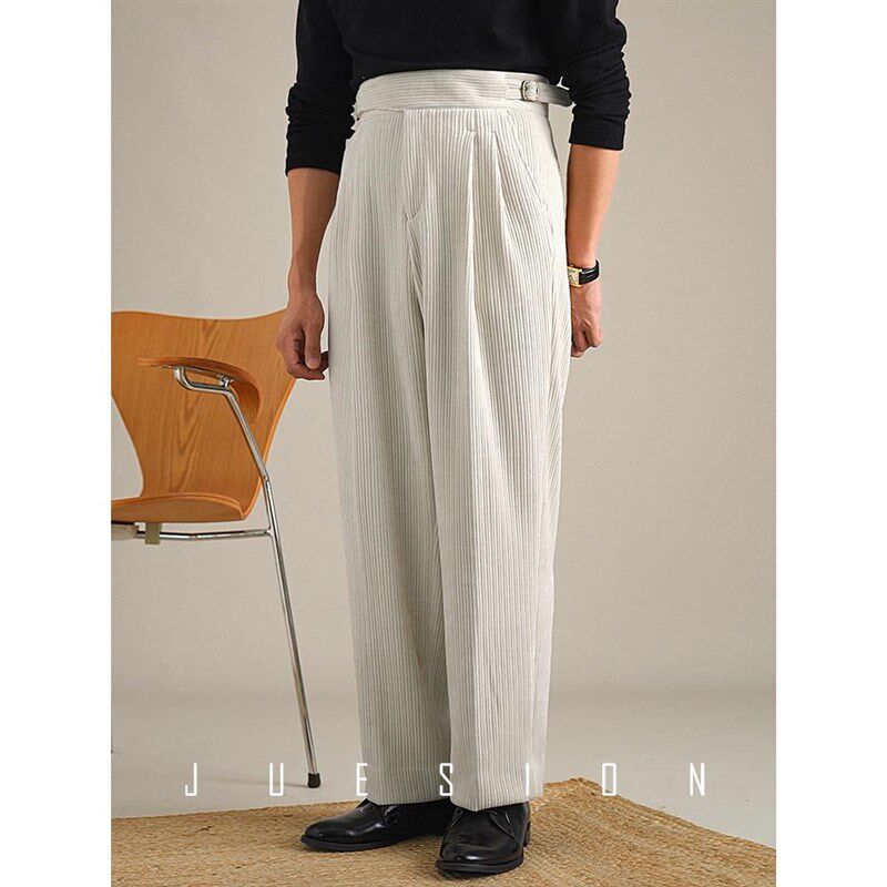 JUESION 意式廓尔格休闲西裤男高腰秋冬款复古灯芯绒双褶直筒长裤