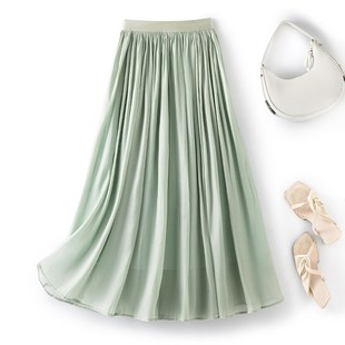 流光纱半身裙大码胖mm显瘦遮肚a字裙小个子女装裙子新款米色长裙