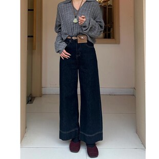 深蓝色复古直筒牛仔裤女秋冬新款大码胖妹妹mm宽松显瘦高腰阔腿裤