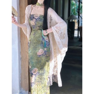 橘里苏公堤古韵绿色绝美清冷新中式旗袍女复古中国风挂脖连衣裙