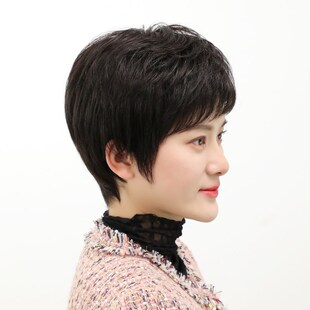 假发女全头套自然真发黑色短发中年女士妈妈光头假发套薄款真头发