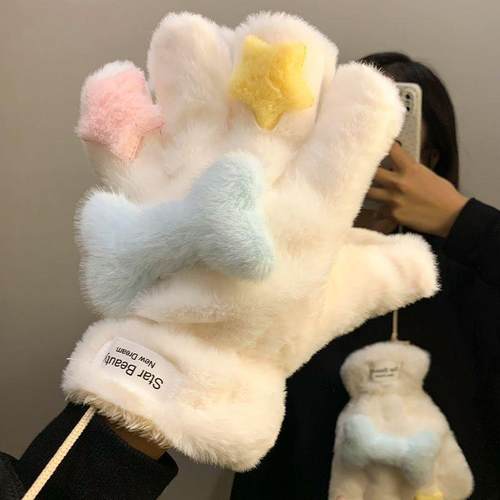 卡通星星小骨头五指手套女冬季可爱圣诞礼物保暖挂脖骑行防风防寒