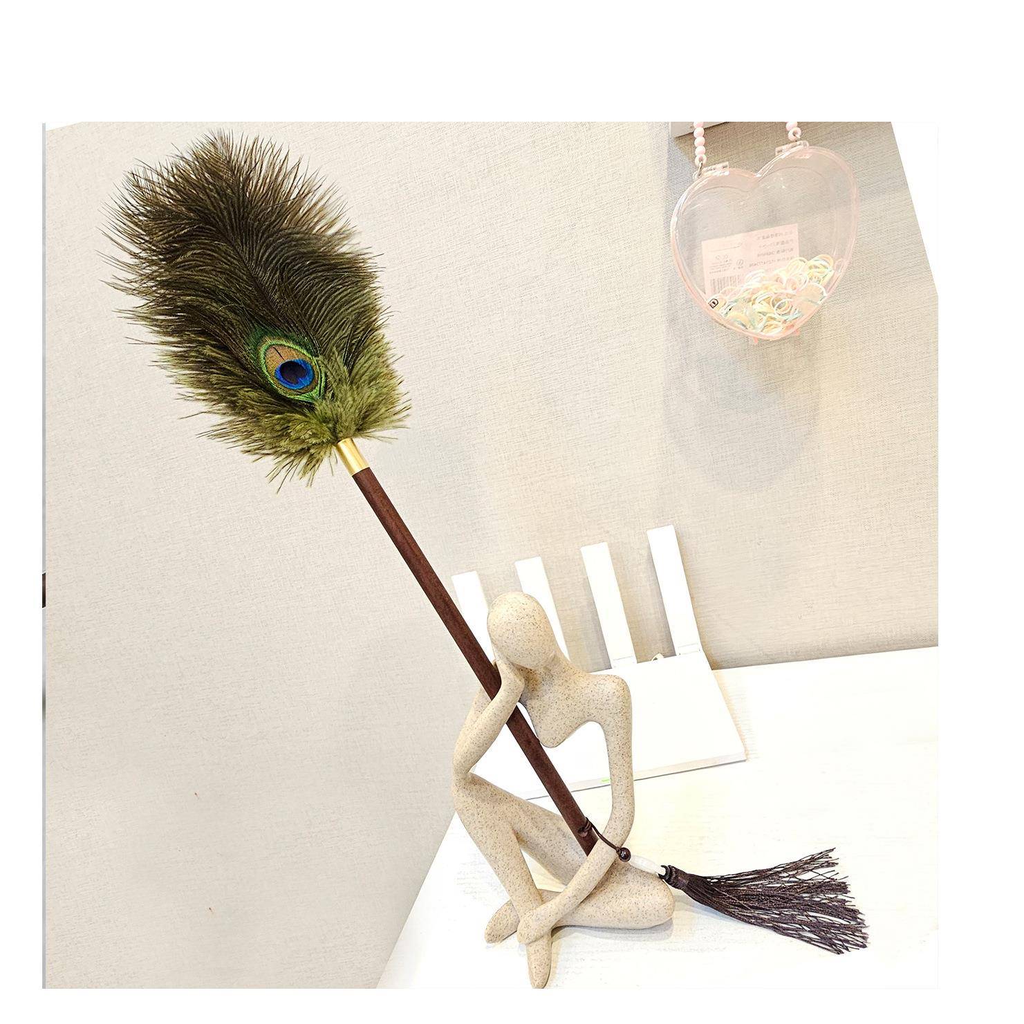 孔雀鸵羽掸家用除尘清洁摆件防静电不掉毛胡桃木色手柄高档装饰品