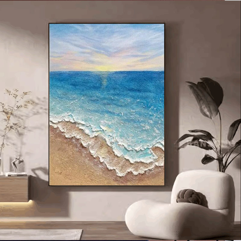 纯手绘油画蓝色大海客厅玄关装饰画立体丙烯石英砂肌理画网红图片