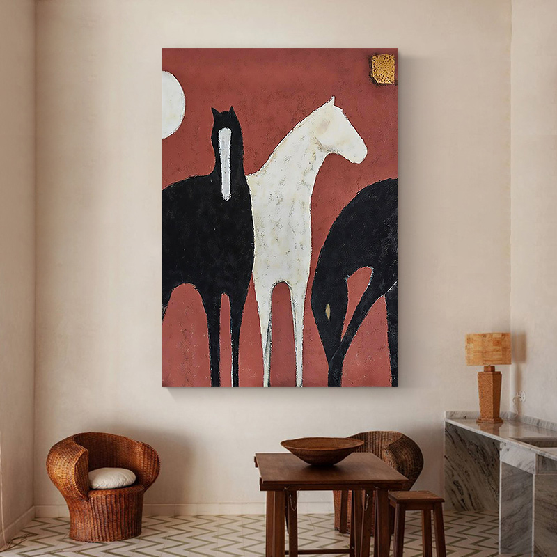 中古风抽象黑白色骏马玄关装饰画肌理油画手绘客厅高档挂画丙烯画图片