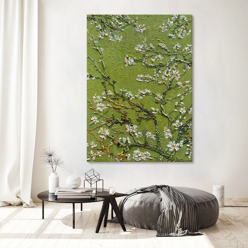 纯手绘油画梵高杏花玄关装饰画抽象立体花卉肌理画客厅绿色系挂画图片