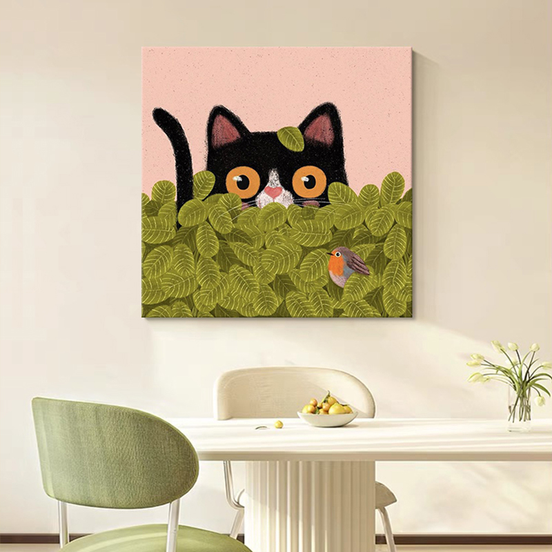 抽象猫咪纯手绘油画客厅装饰画可爱动物绿植小清新儿童房卧室挂画图片