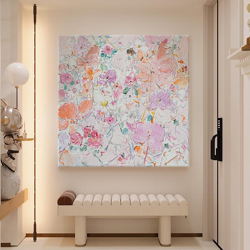 彩色花卉纯手绘油画抽象玄关过道挂画高级感客厅沙发背景墙装饰画图片