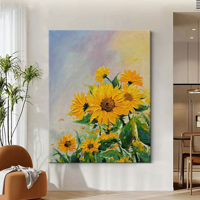 向日葵花卉手绘油画厚肌理立体刀画抽象客厅装饰画玄关植物挂画图片