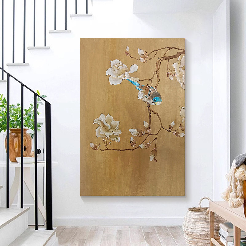 新中式玄关喜上枝头手绘油画客厅喜鹊花卉装饰画中古风花鸟图挂画