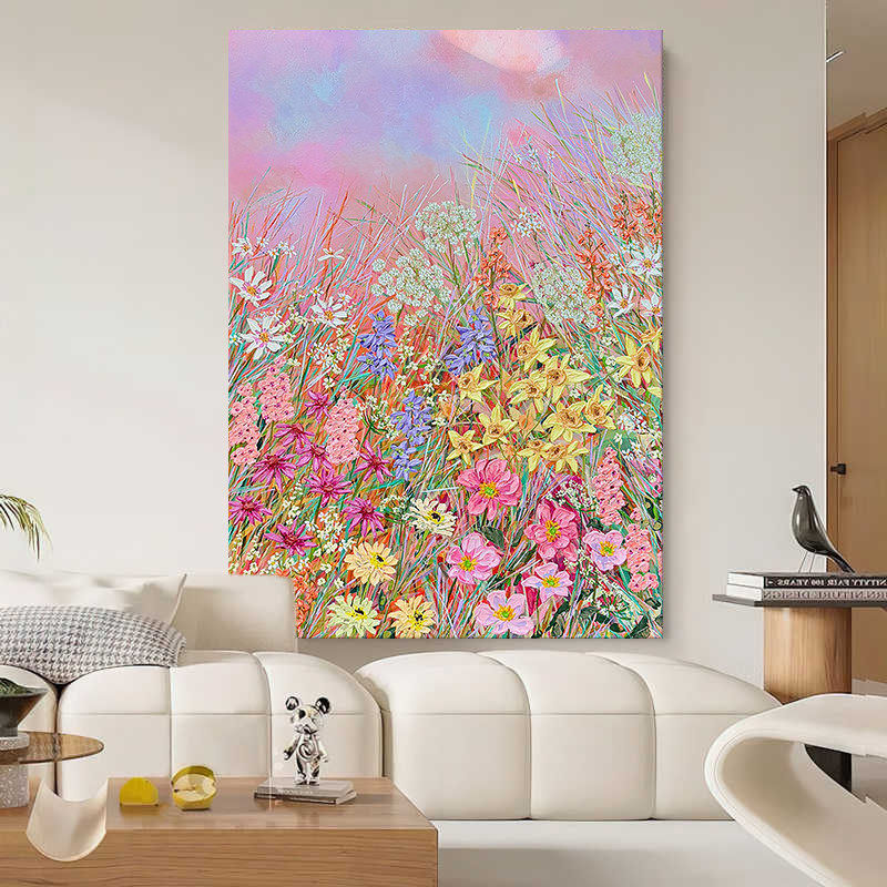 春暖花开手绘油画大幅暖色鲜艳装饰画田园花草客厅挂画玄关肌理画