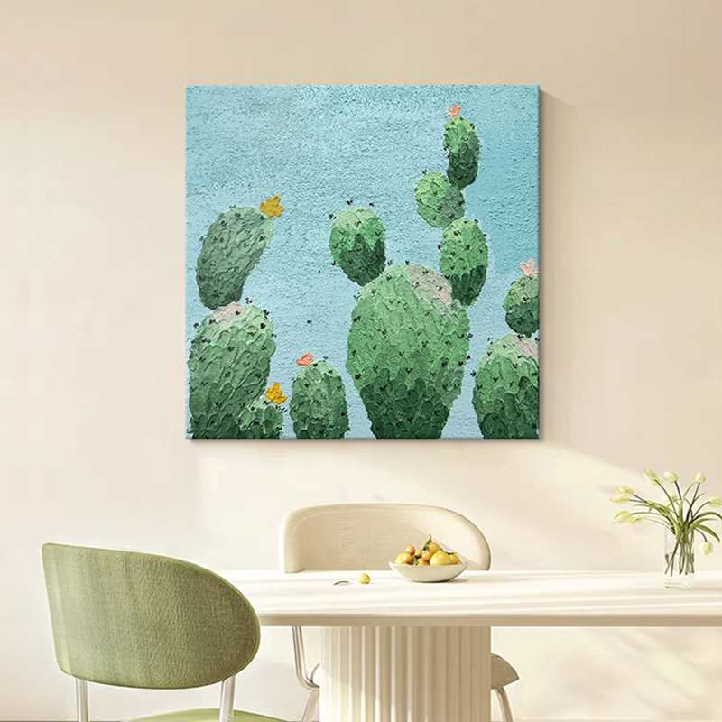 奶油风仙人掌肌理纯手绘油画客厅装饰画绿色植物玄关手工丙烯挂画图片
