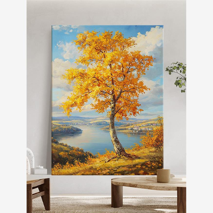 金秋风景玄关发财树木手绘油画自然风光客厅装饰画高级肌理感挂画图片