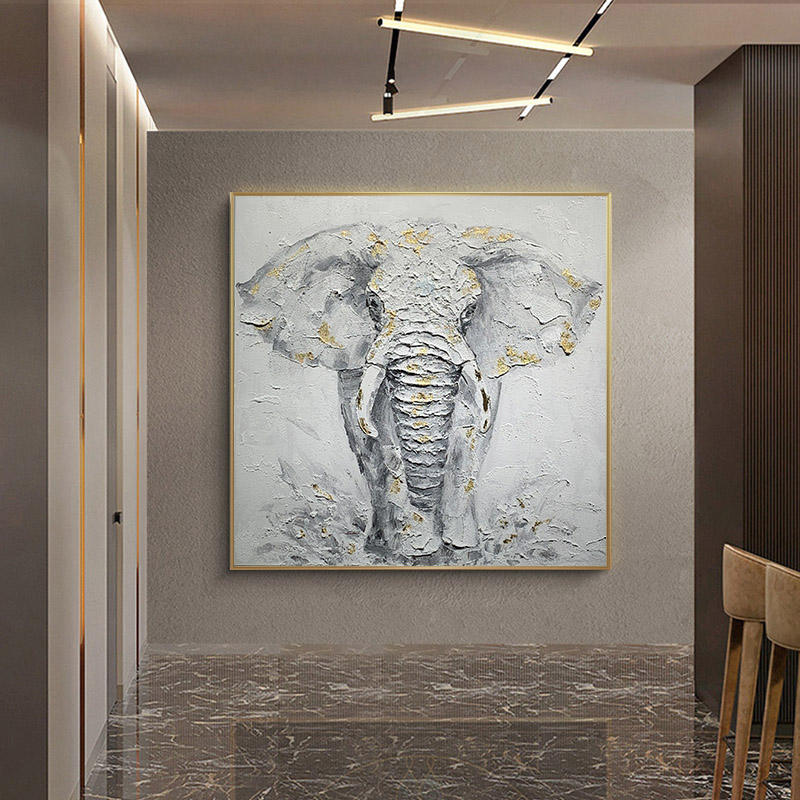 轻奢吉祥纯白色大象客厅装饰画肌理手绘油画玄关动物挂画极简风格图片
