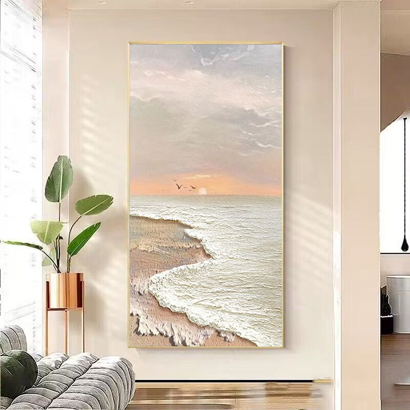 手绘油画奶油风立体玄关装饰画砂岩肌理海景楼梯走廊挂画图片