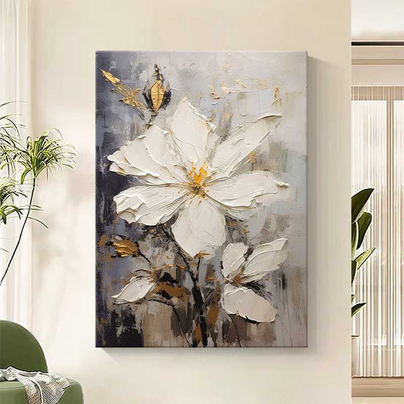 抽象白色花卉厚肌理手绘油画客厅装饰画立体花朵玄关走廊过道挂画图片
