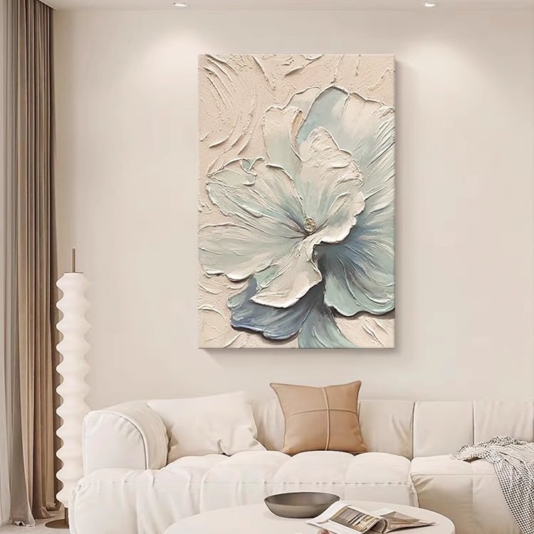 奶油风抽象花卉肌理手绘油画客厅装饰画法式白色花朵入户玄关挂画图片