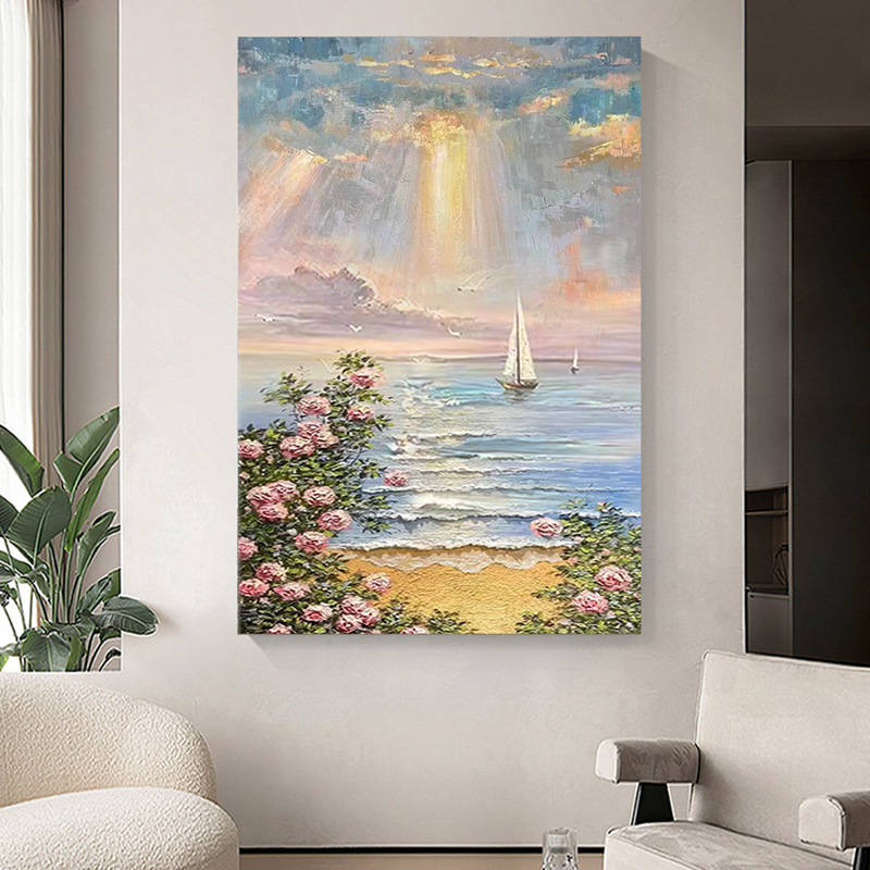 纯手绘油画日出海边风景现代简约装饰画玄关客厅卧室花卉肌理挂画图片