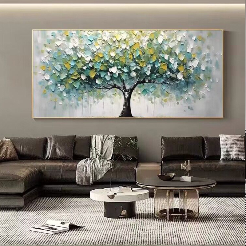 纯手绘油画现代客厅装饰画厚肌理立体发财树餐厅挂画横版高档图片