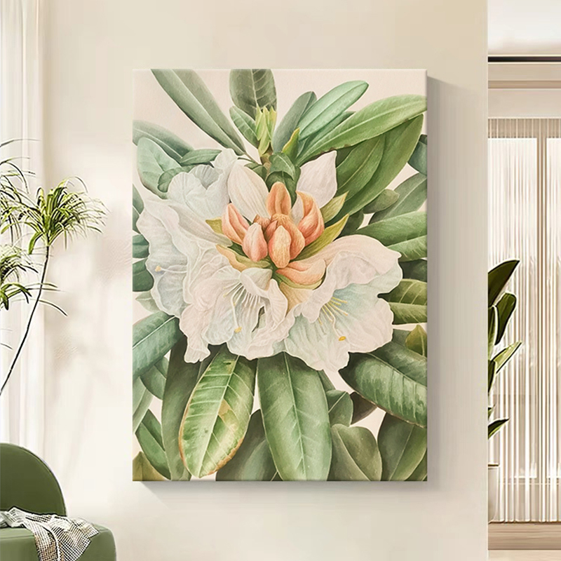 奶油风高山杜鹃花卉手绘油画客厅装饰画富贵花开玄关手工丙烯挂画图片