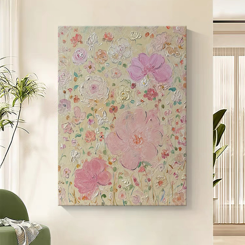 奶油风抽象粉色花朵肌理手绘油画客厅装饰画花卉手工丙烯玄关挂画图片