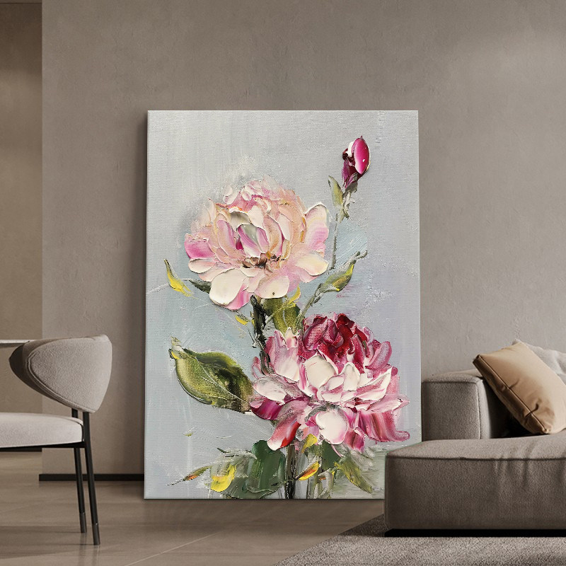 纯手绘油画花开富贵抽象客厅装饰画刀画花卉肌理玄关走廊牡丹挂画