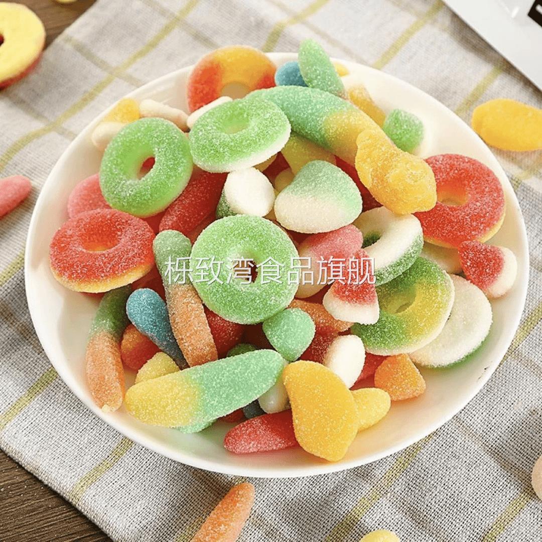 喜食巷多彩橡皮软糖爆浆涂油酸砂彩虫橡皮糖酸砂软糖混合口味糖果