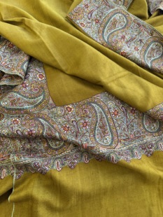 QR认证手纺线vintage古董克什米尔纯手工宽边刺绣披肩