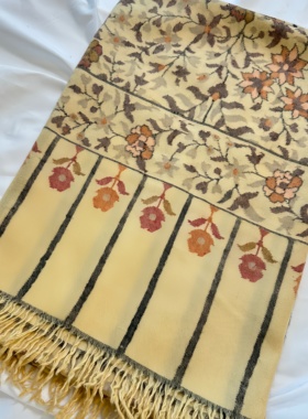 QR认证  鹅黄色卡尼 克什米尔手工披肩围巾