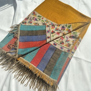 雪山羊绒灰白卡其色古法双织3D玫瑰油画风格 100x200披肩