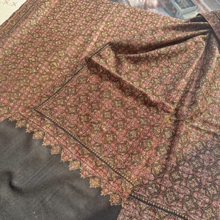 Vintage藏品级绒质手纺线黑金粉真丝帝王满绣披肩