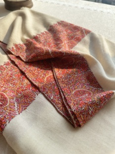 白绒金粉色宽边刺绣Vintage手纺线克什米尔纯手工披肩