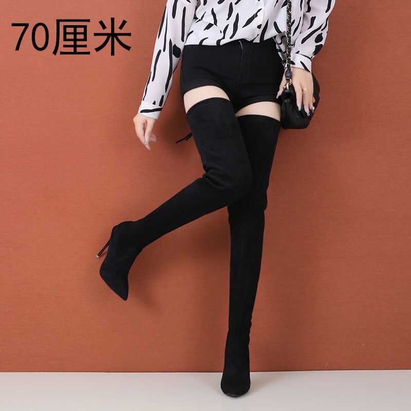 超长筒70CM过膝女靴尖头细跟黑色显瘦高筒靴大码U反串走秀不掉筒