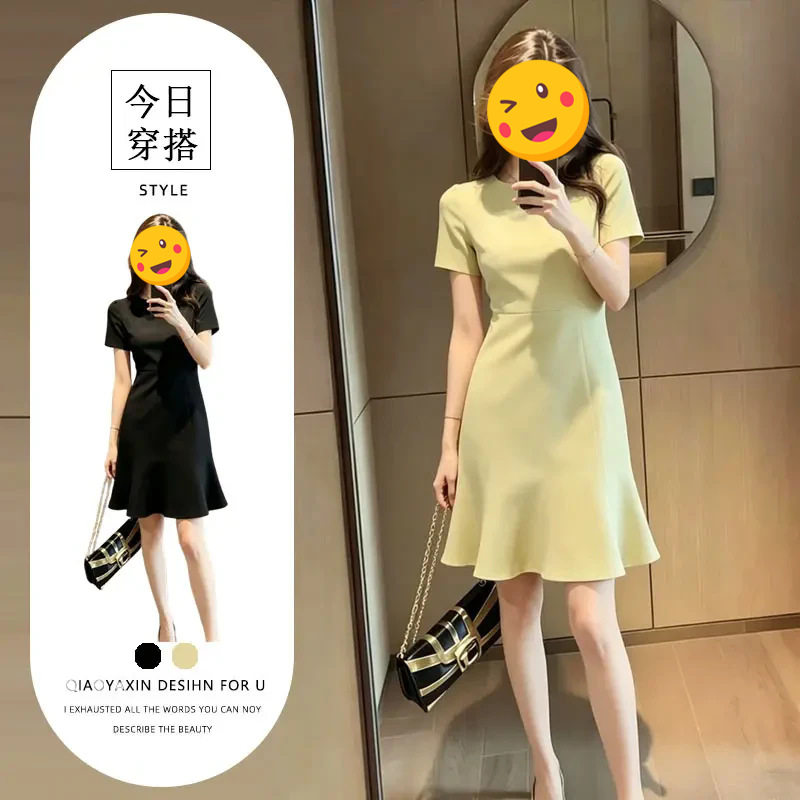 夏季新款时尚显瘦小众设计短袖连衣裙女2026年别致圆领纯色鱼尾裙